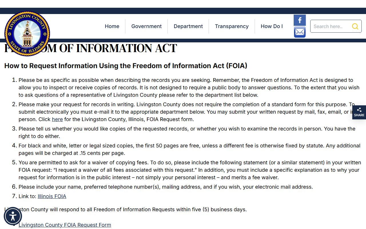 Livingston County FOIA page for requesting jail inmate booking records