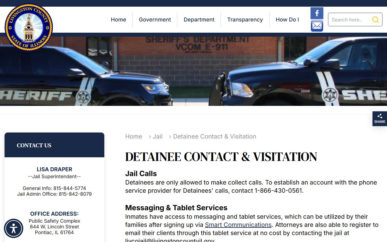 Livingston County Jail visitation and inmate contact rules page