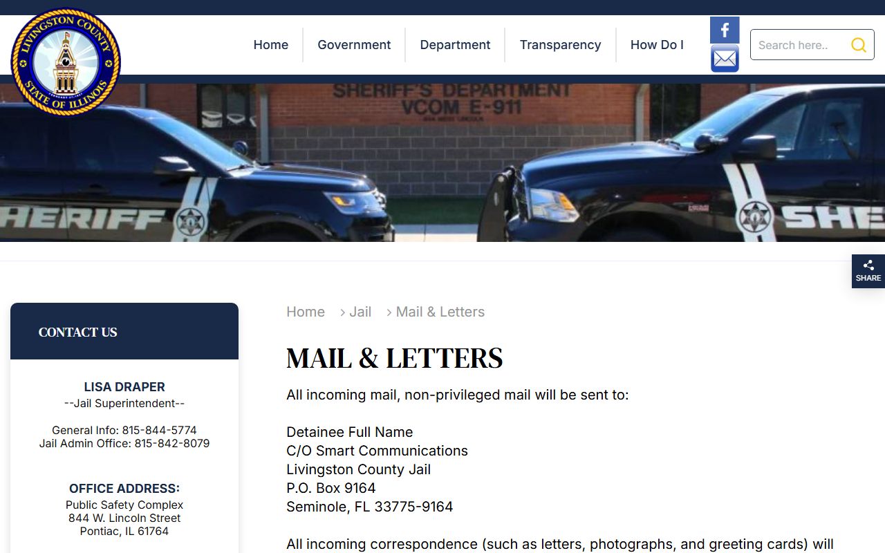 Livingston County Jail mail page with inmate mail addresses and rules