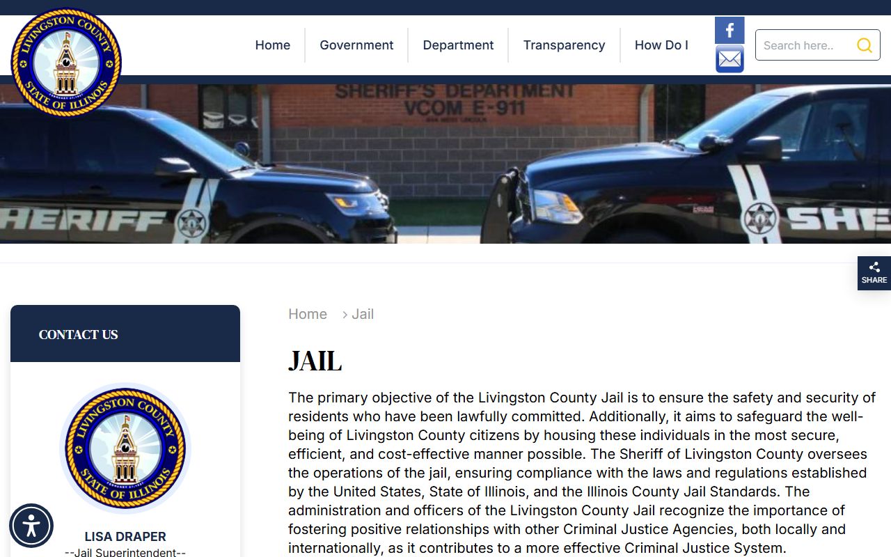 Livingston County Jail page showing inmate population contact and records information