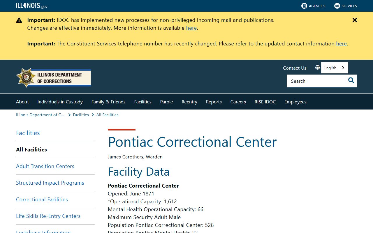 Pontiac Correctional Center page for the Livingston County state prison inmate population